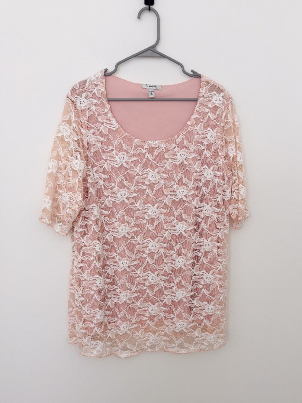 Dress Barn Woman 2X Pink Beige White Floral Lace Mesh Top Short Sleeve Plus Size